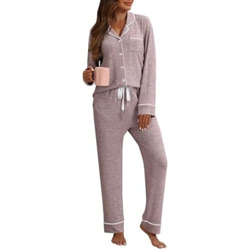 Pajamas For Women Set 2 Piece Pjs Set Long Sleeve Button Up Lounge Set Sleep Wear With Pockets