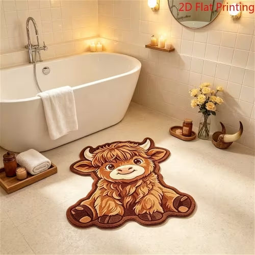 Highland Cow Plush Rug Suitable for, Living Room & Entryway - Soft Machine-Washable with Adorable Calf, Warm Brown Suitable for Bedroom, Cloakroom, Vanity Decor, Cozy Room Rug, Irregular Shape, 2D Flat