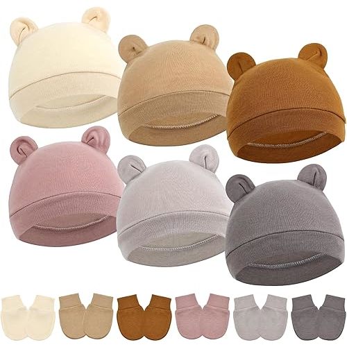 Cinaci 6 Sets Ear Turban Hats and No Scratch Mittens Caps Bonnets Gloves for 0-6M Unisex Baby Girls Boys Newborns Infants