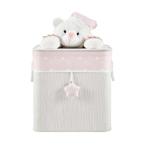 Pink/Cream Collapsible Folding Bamboo Kids Plush Laundry Hamper Toy Storage with Liner and Handles - Sleepy Teddy Bear