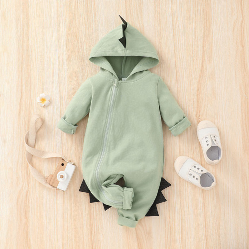 Baby Solid Color Dinosaur Zipper Hooded Romper