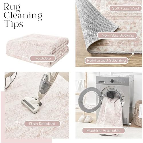 Nursery Rug for Baby Girl,Neutral Blush Pink Boho Cute Floral Foldable Machine Washable Soft Faux Wool Carpet Area Rugs for Living Room Bedroom Dorm Kids Playroom,5x7