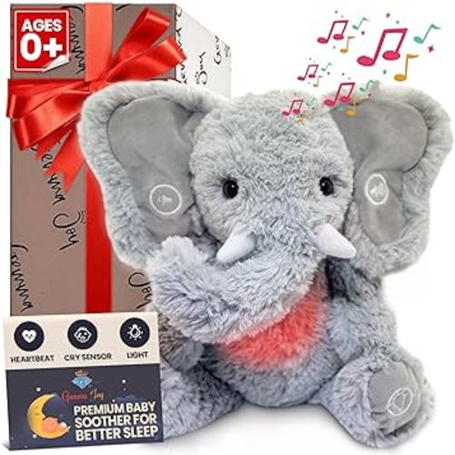 Gemma Joy Bedtime Baby Soothers for Sleep, Cry Activated Heartbeat Stuffed Animal for Baby, Newborn, Calming Light, Lullaby Music, White Noise, Shush and Mother’s Heartbeat - (Elephant, Rechargeable)
