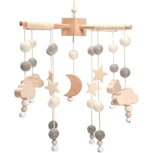 Boho Baby Crib Mobile Decor - Wooden Moon and Stars Nursery Mobiles with Cloud for Bassinet Starry Night Handmade Soft Felt Beads Hanging Wind Chime Toys Pendant for Infant Newborn Boy and Girl