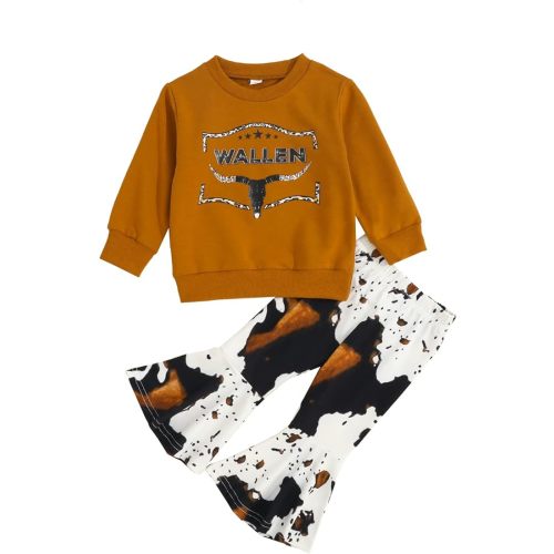 Omkzanbi Western Baby Girl Clothes Cowgirl Sweatshirt Retro Boho Cow Print Flared Pants Toddler Bell Bottoms Winter Outfits