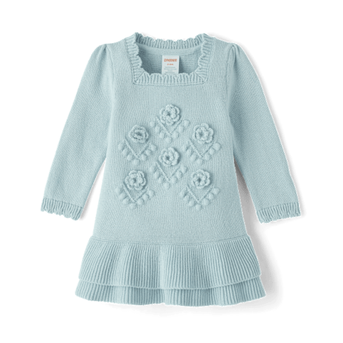 Baby Girls Crochet Floral Drop Waist Tiered Sweater Dress - Blue