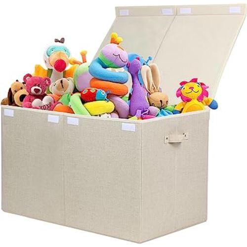 popoly 122L Large Toy Box Chest with Lid, Foldable Toy Storage Organizer Bin Boxes with Removable Divider for Kids, Boys, Girls, Nursery, Playroom, 26"x17" x17" (Linen Beige)