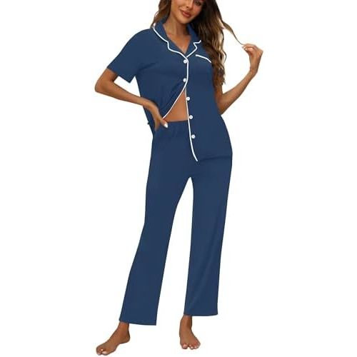 ZMJ Womens Pajamas Sets 2 Piece Button Up Pj Sets Short Sleeve with Long Pant
