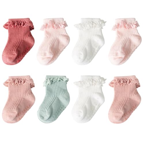 AQOKKA Baby Girl Toddlers Socks with Non-slip Grip Cute Frilly Ruffle Ankle Soft Cotton Newborn Baby Socks for Infant Kids