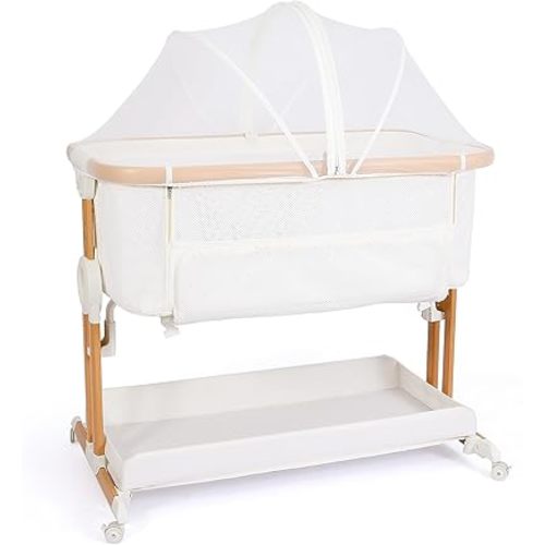 Baby Bassinet Bedside Sleeper 2 in 1 with Wheels, Arms Reach Co Sleeper Breathable All Mesh with Mattress, Incline Option, 5 Adjustable Heights for Newborn to 6 Months Infant