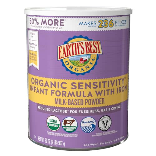 Earth's Best Organic Sensitive Baby Formula for Babies 0-12 Months, Reduced Lactose Powdered Infant Formula with Iron, Omega-3 DHA, and Omega-6 ARA, 32 oz Formula Container
