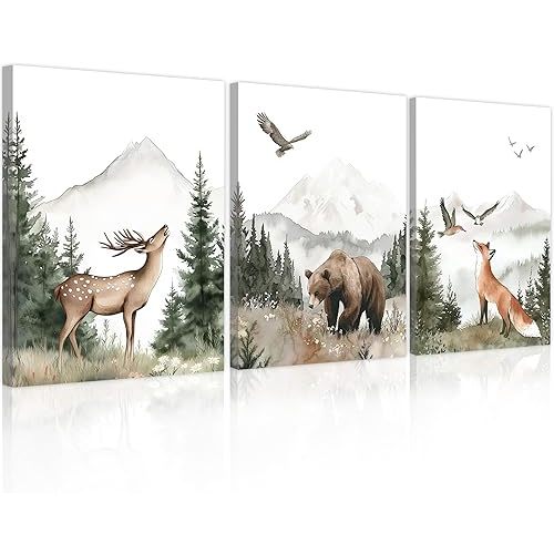 Nursery Wall Art Wild Woodland Animals Wall Decor Deer Bear Fox Watercolor Pictures Paintings Prints Adventure Theme Canvas Posters for Boys Bedroom Girls Living Room 12x16 inches 3Pcs Framed