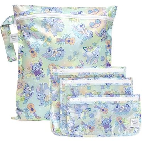 Bumkins Disney Stitch Waterproof Wet Bag and Packing Pouches, TSA Airline Compliant, Pack for Baby, Travel, Swim Suit, Cloth Diapers, Pump Parts, Pool, Gym Clothes, Toiletry, Daycare, Zip Bag, 4-pc