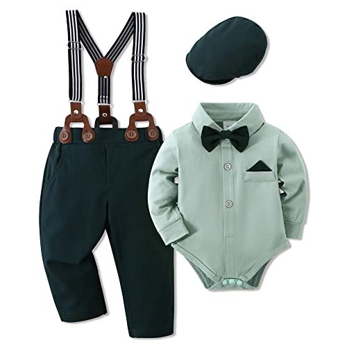 WESIDOM Baby Boy Clothes 0-18M Newborn Infant Gentleman Outfit, Shirt+Bowtie+Beret+Suspender Pant Baby boy Suit Clothing Set