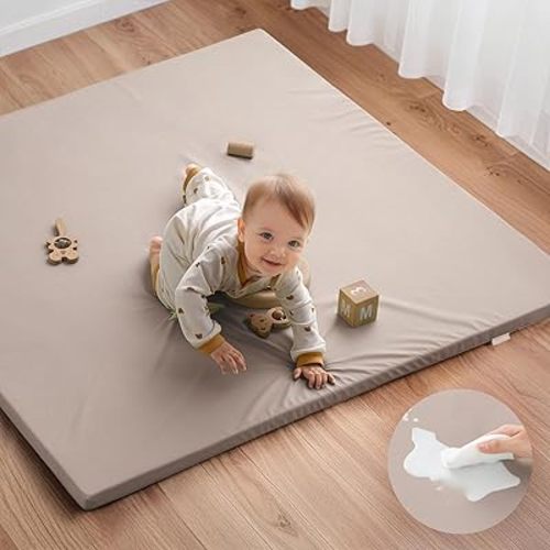 Blissful Diary Vegan Leather Baby Play Mat, 47x47 Thicken Foam Cushioned & Waterproof Playpen Mat for Infants and Toddlers, Stylish and Just Wipe-Clean Playmat for Baby Play on Floor, Brown Gray
