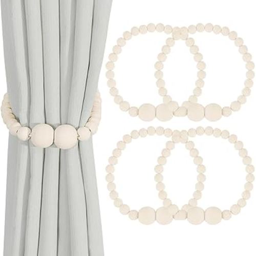 Magnetic Curtain Tiebacks, 4 Pack Curtain Holdbacks for Draperies, Wood Bead Curtain Tiebacks, Elegant Curtain Tie Backs for Bedroom Decor, Boho Room Decor, Nursery Decor, Farmhouse Decor