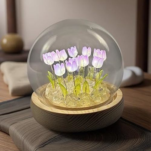 Tulip Lamp Glass Globe - Illuminated Flower Lamp with Glowing Blooms on Wooden Base - Battery-Powered Decorative Night Light for Bedroom, Living Room & Home Decor