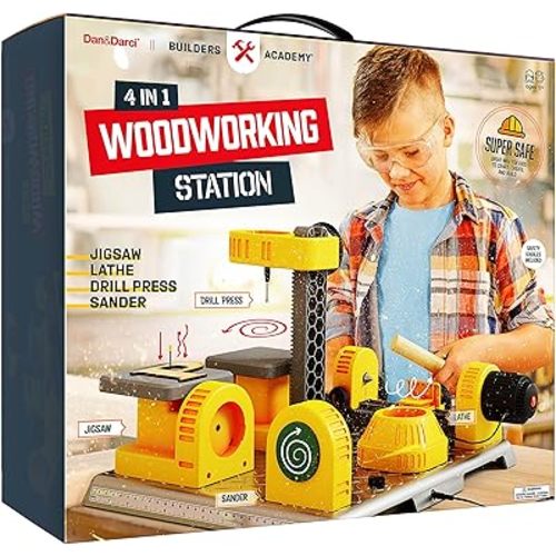 4 in 1 Woodworking Station for Kids - Wood Building Projects Kit for Boys - Real Construction Tools Sets - Boy Tool Set - Easter Gifts Age 8 Year Old - Cool STEM Toys Kits Birthday Gift Ideas
