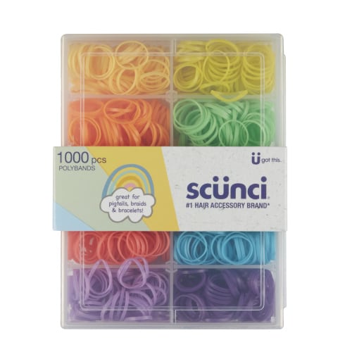 Scunci No-Damage Mini Poly-Band Ponytail Holder Hair Ties with Case, Assorted Bright Colors, 1000 Ct
