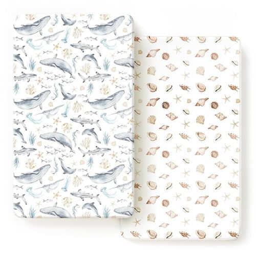 GRSSDER Stretchy Ultra Soft Jersey Knit Fitted Crib Sheets Set 2 Pack, Fit All Standard Crib Mattresses Safe and Snug, Beautiful Marine Organism for Boys and Girls