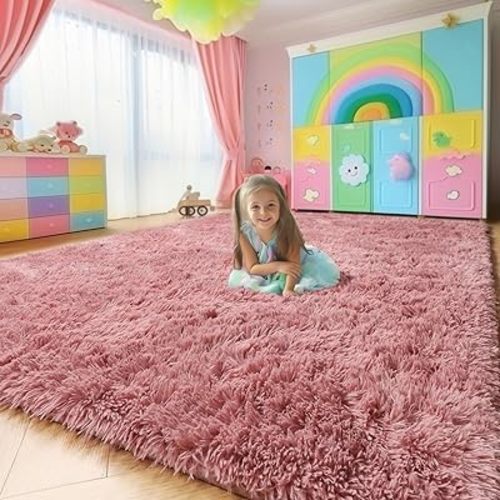 Amdrebio Blush Pink Kids Area Rugs for Girls Bedroom, 5x8 Shaggy Fuzzy Fluffy Kawaii Rugs for Living Room Playroom, Furry Plush Shag Floor Carpet for Nursery Dorm Classroom, Cute Dusty Rose Mauve Rug