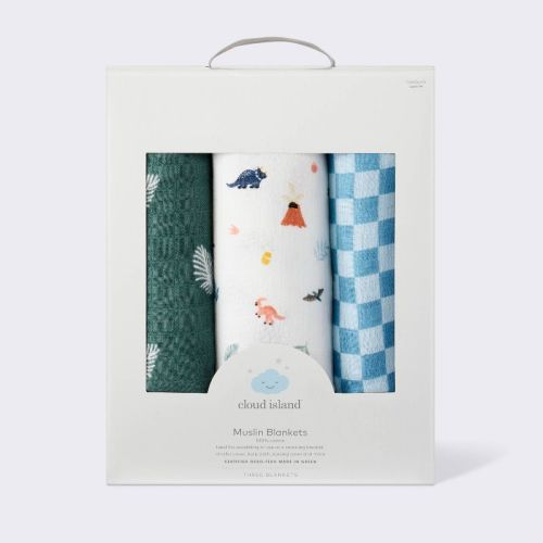 Muslin Swaddle Baby Blanket - Dino Check - 3pk - Cloud Island™