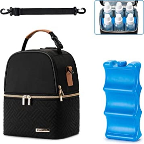 Breastmilk Cooler Bag with Ice Pack Fits 6 Baby Bottles up to 9 Ounce, Breast Milk Pump Cooler Bag with Shoulder Strap for Nursing Mom Daycare, Work, Travel- Black