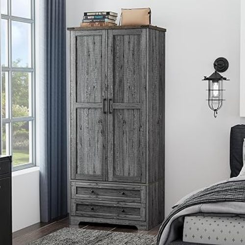Yechen 71" Wooden Armoire Wardrobe Closet - Modern Functional Clothes Tall Storage Cabinet with Adjustable Shelf and Hanging Rail, Sturdy Freestanding Closet Wardrobe with 2 Wide Drawers for Bedroom