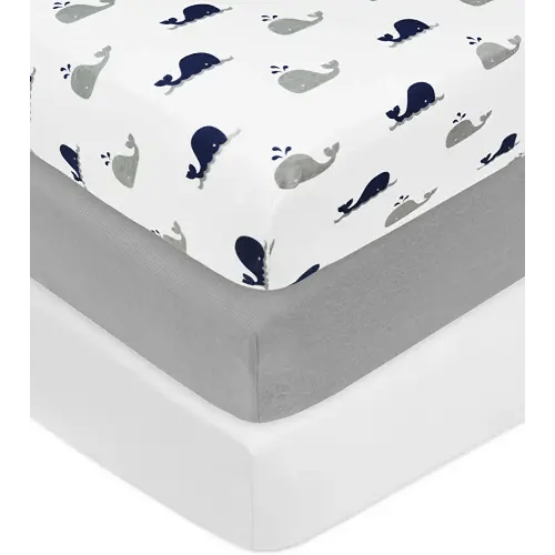 American Baby Company 3 Pack Fitted Crib Sheets 28" x 52", Soft Breathable Neutral 100% Cotton Jersey Sheet, Navy Whale/Gray/White, for Boys and Girls, Fits Crib and Toddler Bed mattresses