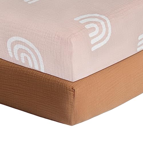 Meracorallo Muslin Fitted Crib Sheets, 2 Pack Soft Breathable Cotton Baby Crib Sheet, Boho Neutral Crib Sheet for Standard Crib and Toddler Mattress 28"x52" (Rainbow & Camel)