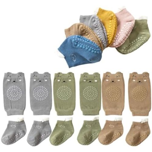 Feidoog Baby Crawling Anti-Slip Elastic 3 Pairs Knee Pads and 3 Pairs Socks Set,Toddler Knee Protector for Baby Kids Kneepads
