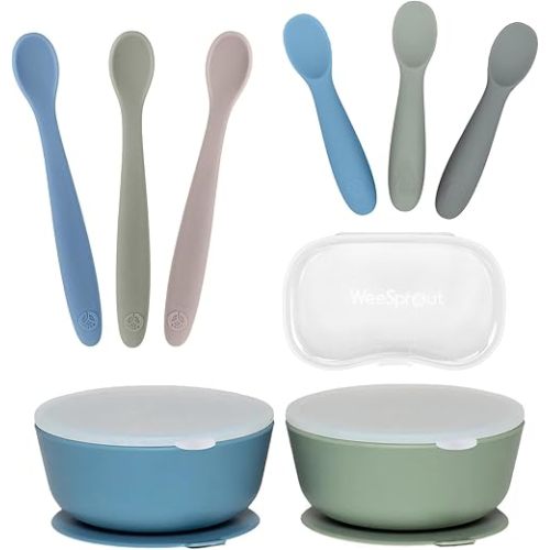 WeeSprout 2 Silicone Suction Bowls, 3 Self Feeding Baby Spoons & 3 Toddler Spoons Bundle - Soft-Tip Utensils Dinnerware - Dishwasher & Microwave Safe - Travel Case Included