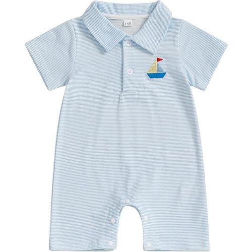Gueuusu Newborn Baby Boy Beach Outfit Sailboat/Crawfish Embroidery Button Romper Striped Lapel Short Sleeve Bodysuit Clothes
