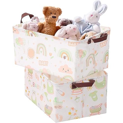 2 Pack Storage Baskets Collapsible Waterproof Canvas Bins with Leather Handles Rectangular Storage Basket Organizer for Closet Toys Clothes Room Decor(Fresh)