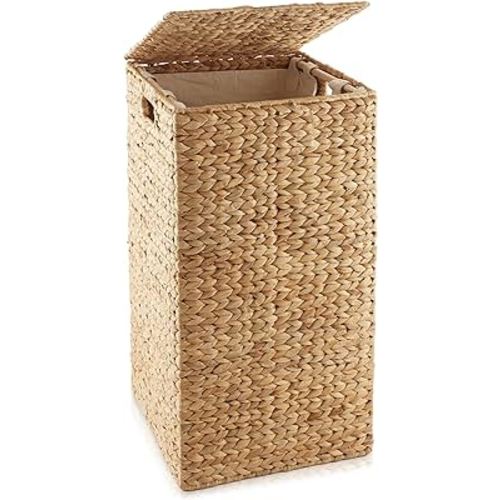 Casafield Laundry Hamper with Lid and Removable Liner Bag - Natural, Woven Water Hyacinth Square Laundry Basket Sorter for Clothes and Towels
