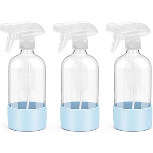 Glass Spray Bottles with Silicone Sleeve Protection, Empty 16 oz Refillable Containers, Reusable Spray Bottles with Adjustable Nozzle for Hair, Cleaning Solutions, 3 Pack Blue