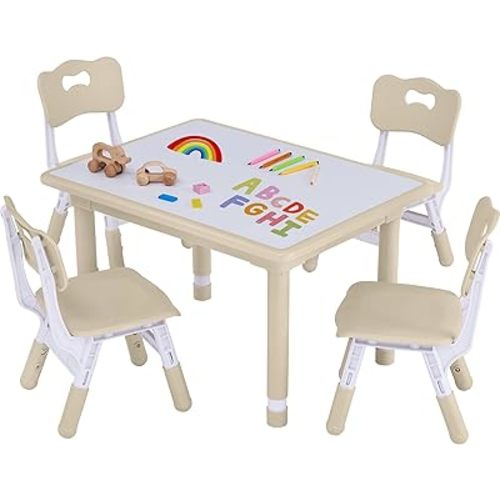 Toddler Table and Chair Set, Height Adjustable-Upgrade Kids Table and 4 Chairs for Ages 3-8, Multi-Activity Toddler Play Table with Graffiti Desktop for Home/Daycare (4Chairs Beige)