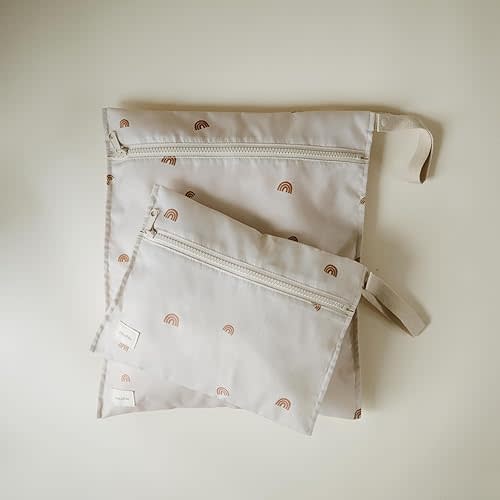 mushie | Water Resistant Wet Bags | Large & Small Reusable Storage Bag for Baby Items and Travel | Zippered Pockets with Handle | Machine Washable, Set of 2 (Rainbows)