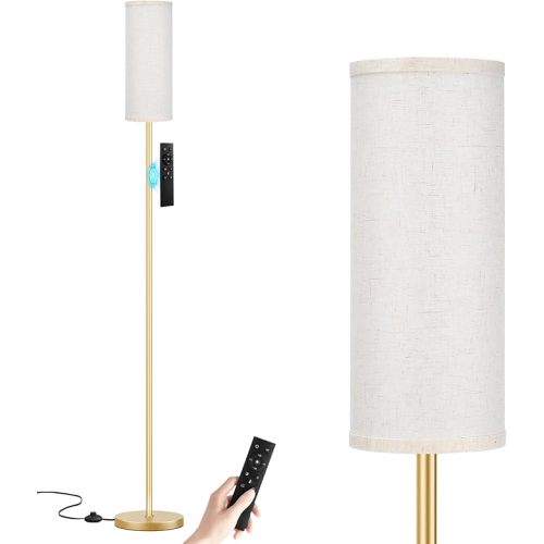 Ambimall 64'' Floor Lamps for Living Room with Remote Control and Stepless Dimmable Colors Temperature & Brightness, 9W Bulb Included(Beige Lampshade & Gold Pole)