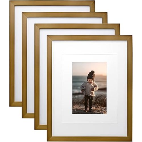 KINLINK 11x14 Picture Frames Brown - Wood Frames with Acrylic Plexiglass for Pictures 5x7/8x10 with Mat or 11x14 without Mat, Tabletop and Wall Mounting Display, Set of 4