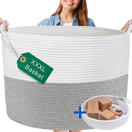 XXXL WASHABLE Blanket Basket Large 2PCs Blanket Storage Living Room - XXX Large Basket for Storing Blankets Toy Basket + Small Basket | Basket for Blankets (Grey and White)