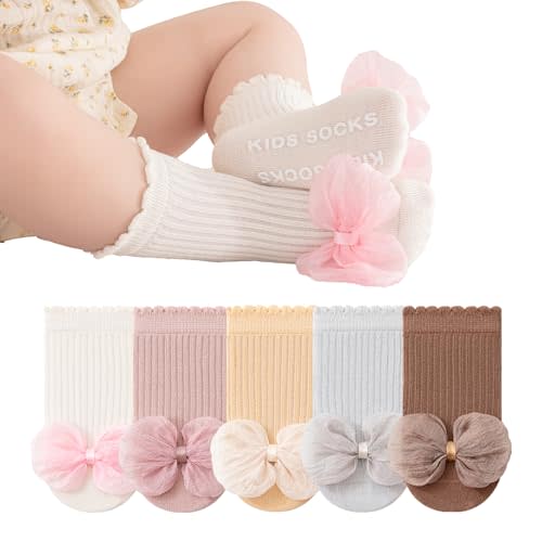 BEHELE Baby Non-Skid Socks Toddler Non Slip Crew Socks Girl Newborn Infant First Walking Princess Socks 5 Pairs