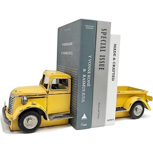 Decorative Book Ends Vintage Bookends: Metal Truck Book Stopper for Kid Books for Grandson Men Teen - Farmhouse Decor for Bookcase Shelf Table Coffee Bar Office Home Yellow