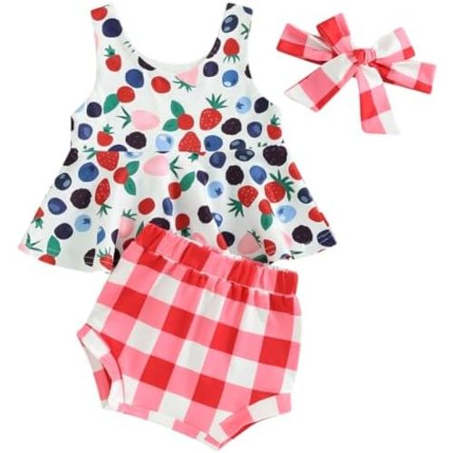 Infant Baby Girls Summer 3pcs Outfit Baseball/Strawberry Peplum Tank Top and Bummie Shorts Clothes Set