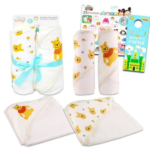 Winnie The Pooh Hooded Towel Set for Baby - Bundle with 2 Winnie The Pooh Hooded Microfiber Towels Plus Stickers, More | Winnie The Pooh Bathroom Set for Boys, Girls