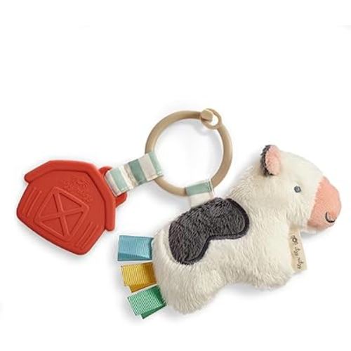 Itzy Ritzy Infant Toy & Teether - Itzy Pal Baby Teething Toy Includes Lovey, Crinkle Sound, Textured Ribbons & Silicone Teether Toy for Newborn (Cow)