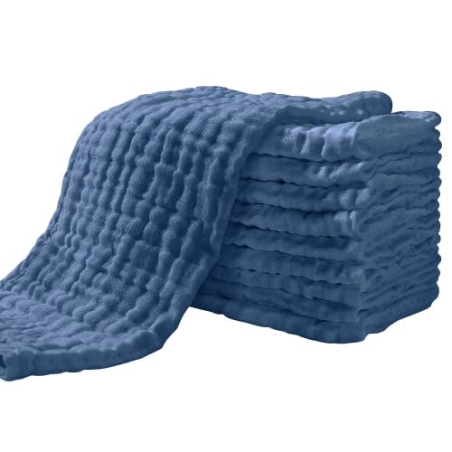 Yoofoss Muslin Burp Cloths for Baby 10 Pack 100% Cotton Baby Washcloths for Boys Girls Large 20''X10'' Super Soft and Absorbent Dark Blue