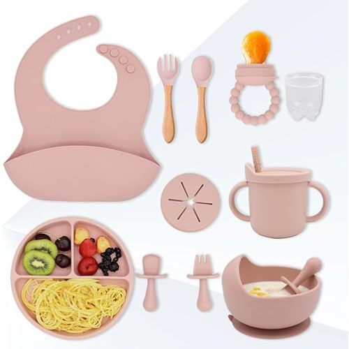 Baby Silicone Feeding Set 13PCS Baby Self Feeding set Toddler Led Weaning Utensils Sets with Suction Bowl and Plate 2 Set of Baby Spoons and Forks Adjustable Bid, Sippy Cup with Straw and 2 Lids