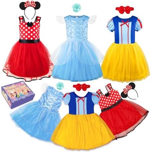 Princess Dress Up Trunk for Toddler Girls, 6 Pcs Fancy Costume Dresses Outfit Pack for Toddlers 2T 3-4T 4-6T