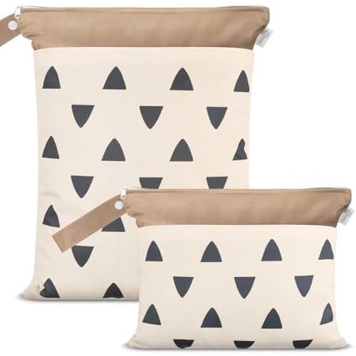 Cloth Diaper Wet Bags – Waterproof & Reusable Bag with 2 Zippered Pockets, 100% Polyester with Handle, Perfect for Stroller, Travel, Baby Essentials & Breast Pump Storage (Sand Triangular-2pk)